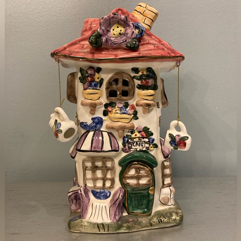 Elements ceramic Tea light house “cafe” with hanging teapot and cup accent